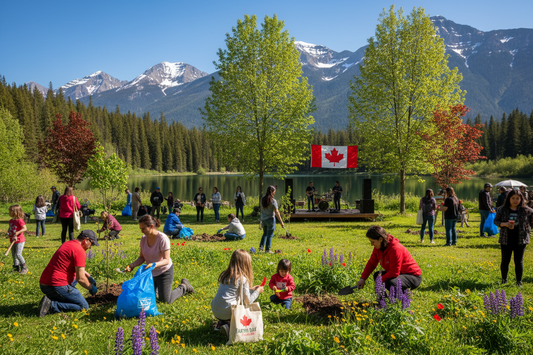 Earth Day tree planting event in Canada with families planting trees in a park near mountains and a lake.
