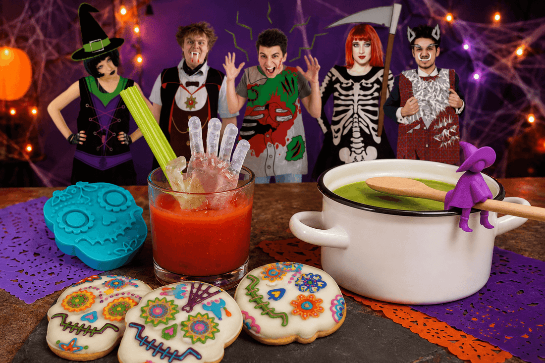 Halloween party ideas featuring Zombie Hand ice, Sweet Spirits cookies, Agatha spoon holder and spooky outfits