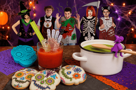 Halloween party ideas featuring Zombie Hand ice, Sweet Spirits cookies, Agatha spoon holder and spooky outfits