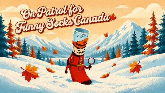 Cartoon sock dressed as a Canadian Mountie in a snowy mountain landscape, with the text “On Patrol for Funny Socks Canada.