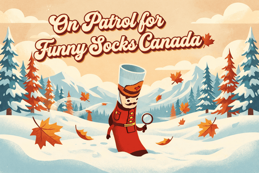 Cartoon Mountie novelty sock standing in snowy Canadian landscape with maple leaves – funny socks Canada blog hero image.