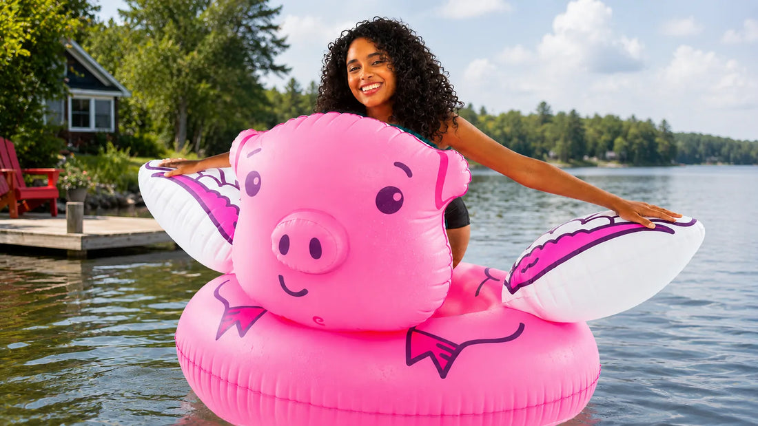 Giant Flying Pig Pool Float at a Canadian cottage lake