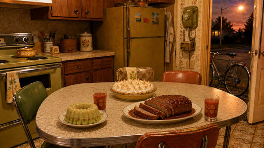 1970s Gen X kitchen table with meatloaf, jellied salad, tomato juice and lemon meringue pie, with a ten-speed bike by the door at dusk.