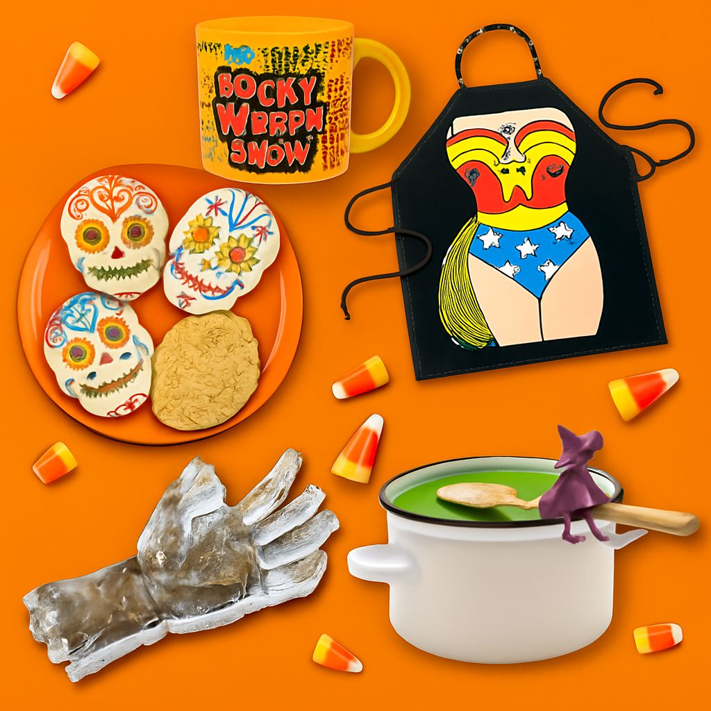 Funny Halloween flat lay featuring Danna Bananas funny gifts — Rocky Horror Show Mug, Wonder Woman Apron, Witch Spoon Holder, Zombie Hand Ice Mold, and Sugar Skull Cookies on a bright orange background.