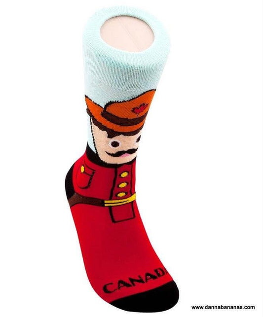 Red Mountie funny socks with “Canada” text, a playful Canadian birthday gift