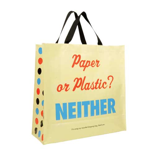 Reusable cotton tote bag with the words “Paper or Plastic? Neither” printed on the front