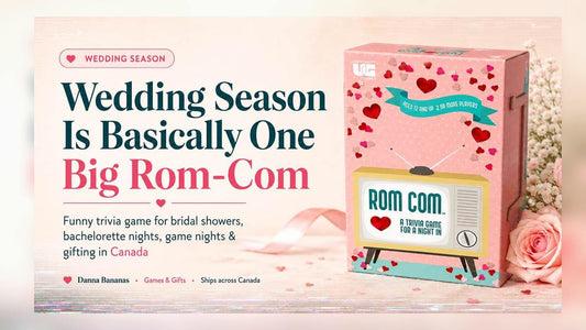 ROM COM trivia game for wedding season — pink box with retro TV design, ships across Canada by Danna Bananas