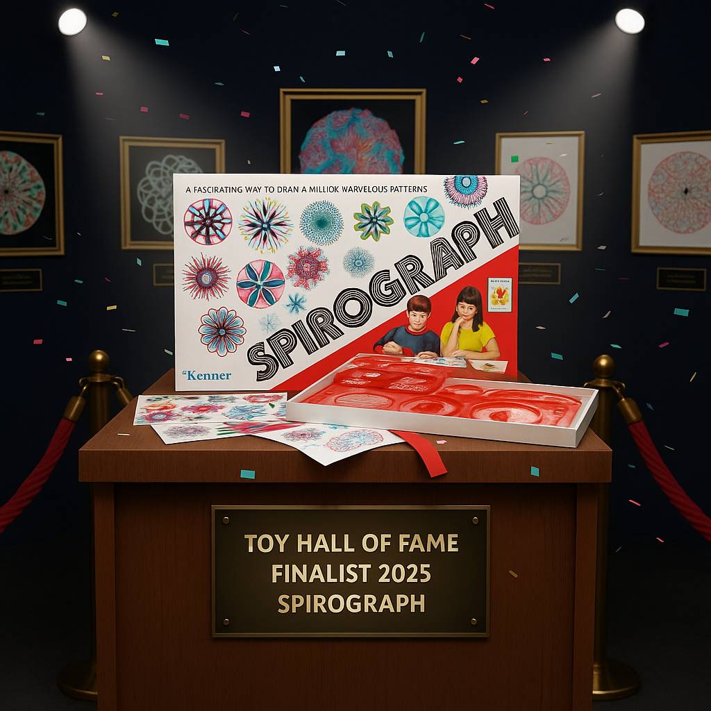  2025 Toy Hall of Fame Finalist – The commemorative Retro Deluxe Set displayed as a celebrated art toy, surrounded by its vibrant geometric pattern artwork.