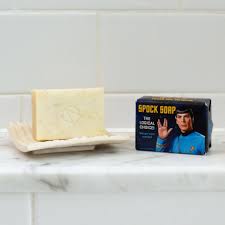 Spock Soap bar on a soap dish with its packaging on a bathroom counter, a funny Star Trek gift for Trekkies and sci-fi fans in Canada.