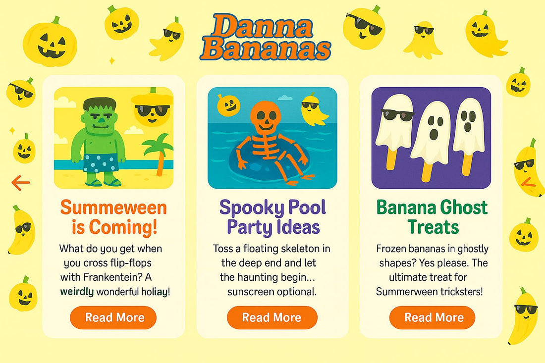 Summerween blog carousel featuring banana ghosts, pumpkins, and blog previews from Danna Bananas