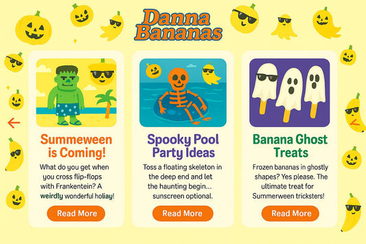 Summerween blog carousel featuring banana ghosts, pumpkins, and blog previews from Danna Bananas