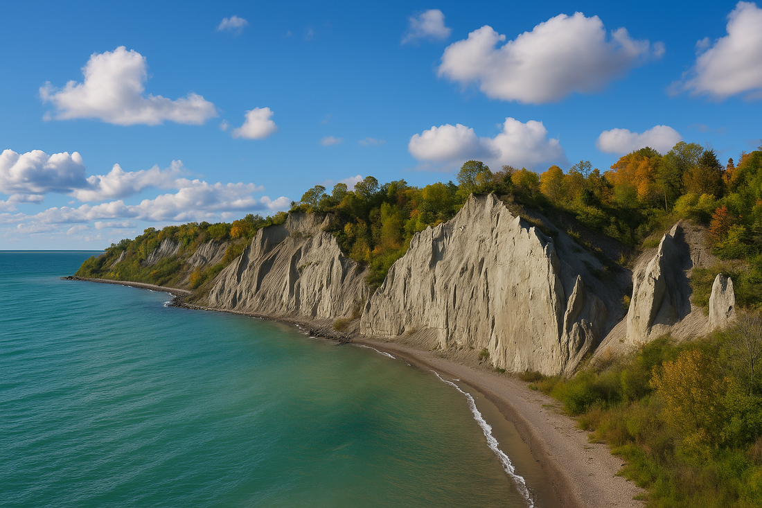 A serene view of the Scarborough Bluffs in Toronto, Canada, showing tall white cliffs, lush green trees, and calm blue water on a sunny afternoon.