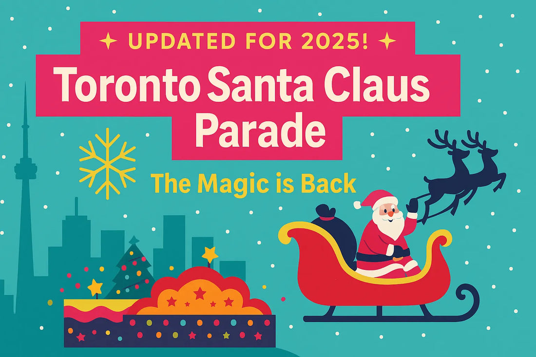 Toronto Santa Claus Parade 2025 illustration featuring Santa’s sleigh, reindeer, and the Toronto skyline – Funny Christmas Gifts Canada blog by Danna Bananas