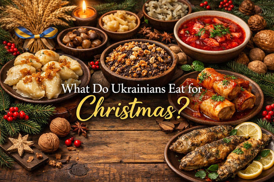 Traditional Ukrainian Christmas foods served on a festive holiday table