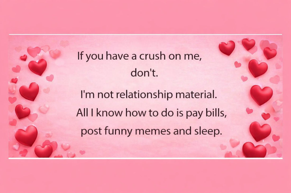 Funny anti-Valentine’s Day quote with pink hearts and sarcastic relationship humour.