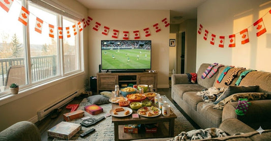 World Cup 2026 watch party in Canada with soccer on TV, snacks, funny mugs, socks, and party games.