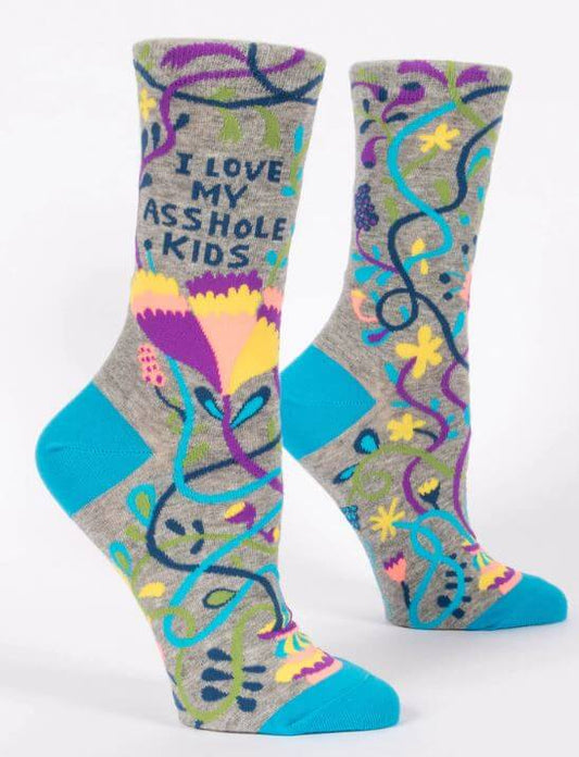 Colorful "I Love My Asshole Kids" women's socks with fun and vibrant patterns.