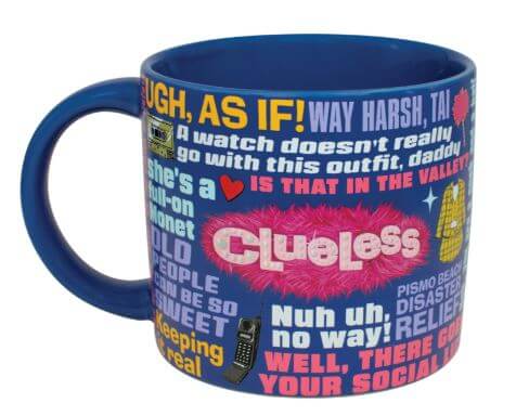 The Danna Bananas Clueless Mug is a vibrant blue cup featuring colorful quotes and graphics from "Clueless," including playful phrases like "As if!" in pink fur-like letters. It's perfect for fans wanting a nostalgic nod to the beloved film.