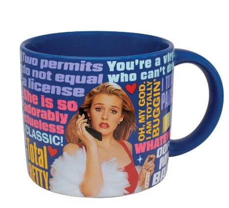 Clueless Mug with Cher Horowitz, phone in hand, surrounded by colorful quotes from the iconic 90s movie.