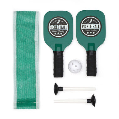 Desktop Pickleball set with mini paddles, net, ball, and supports for office desk fun.