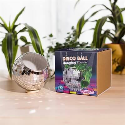 Disco Ball Hanging Planter beside the package