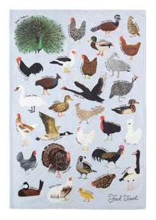 Fowl Towel cotton tea towel laid flat, featuring labelled illustrations of ducks, chickens, geese, swans, a turkey and a peacock.