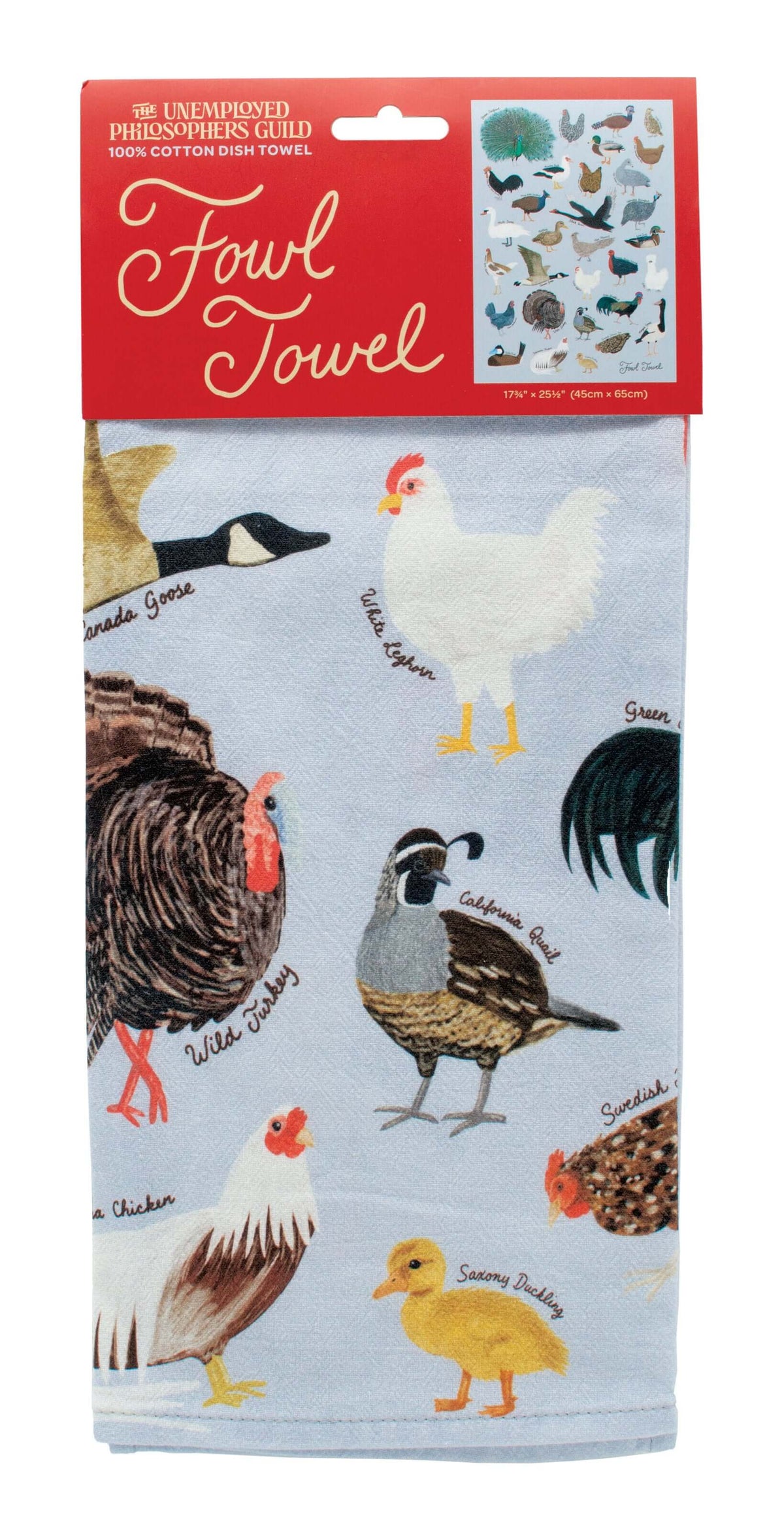 Fowl Towel cotton tea towel folded below a red header card, with labelled illustrations of a Canada goose, wild turkey and quail.