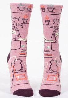 Go Away I'm Introverting funny novelty socks with a cat and tea cup design, sold by Danna Bananas