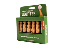 Gopher the Caddie Golf Tee set by Kikkerland — funny golf tees shaped like gophers, packaged in a green box with the slogan ‘Target the ball, not the gopher.