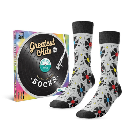 "GREATEST HITS" VINYL RECORD SOCKS and the package it comes in