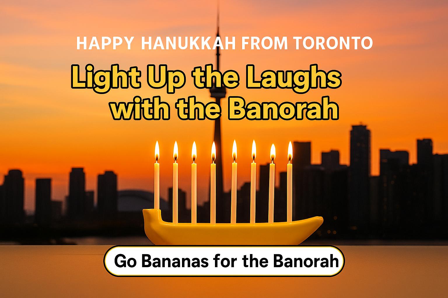 Happy Hanukkah from Toronto banner featuring the Banorah banana menorah with playful text ‘Light Up the Laughs