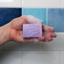 Jane Austen Bath Soap in a sudsy hand in the shower