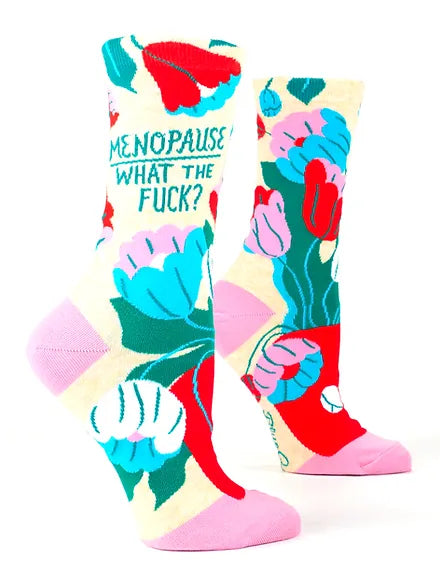 Hilarious colorful "Menopause. What The Fuck?" women's crew socks with bold floral design and pink accents.