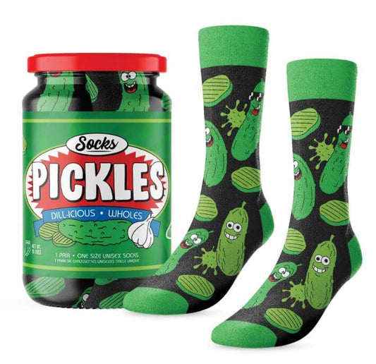 Pickle-themed cotton socks with playful designs in a pickle jar packaging