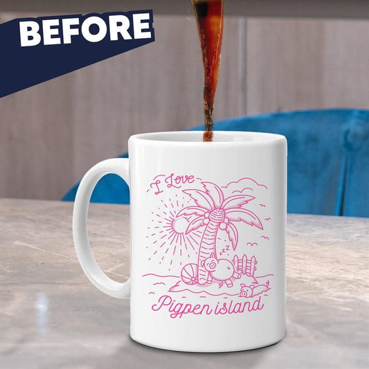 The Jabco Pigpen Island Heat Changing Mug reveals a pink palm tree, seashells, and a piglet under an umbrella with "I Love Pigpen Island" as it fills with a hot beverage. It's an ideal quirky gift and has a "BEFORE" label in the top left corner.