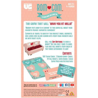 The back of the "ROM COM - A Trivia Game for a Night In" box by Danna Bananas highlights its engaging components with graphics of hearts, colorful cards, and dice on a pastel background. It's perfect for romantic comedy fans seeking an entertaining party game.