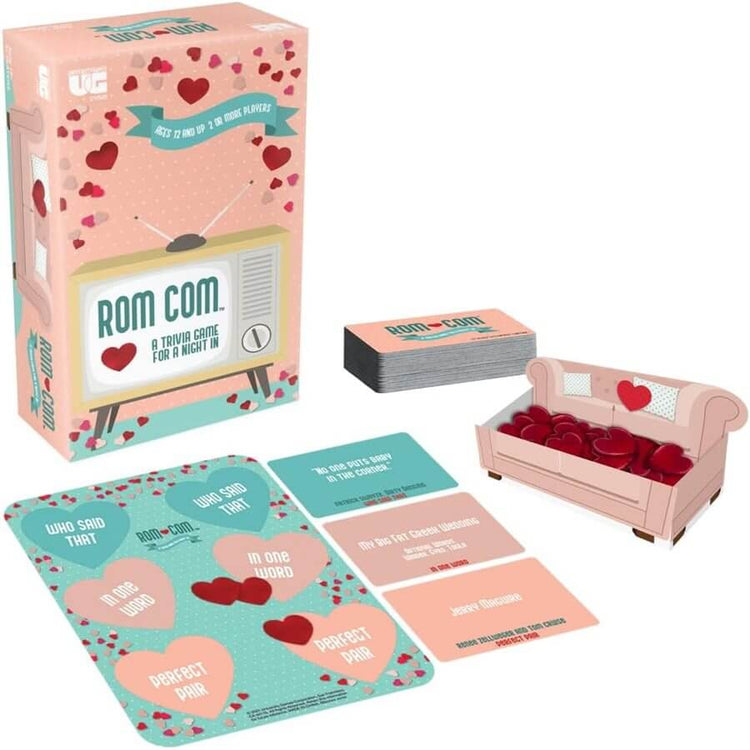 Get the "ROM COM - A Trivia Game for a Night In" by Danna Bananas, featuring a retro TV box with hearts. Perfect for rom-com fans, it includes movie trivia cards and a sofa-shaped holder. Enjoy games like "Who Said That" and "In One Word" for the ultimate party experience.