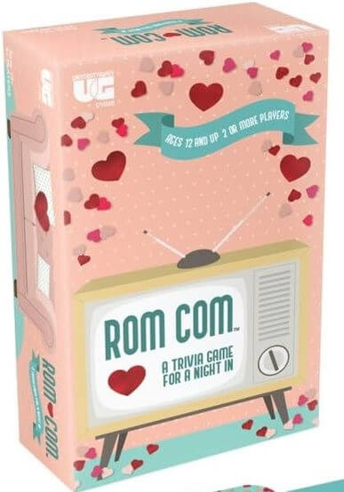 The "ROM COM - A Trivia Game for a Night In" by Danna Bananas features a retro TV box with heart graphics, making it ideal for romantic comedy parties. The pink packaging, with red and white hearts, suits ages 12+ and invites two or more players to enjoy movie trivia.