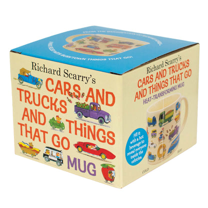 Gift box for Richard Scarry's Cars and Trucks and Things That Go heat-transforming mug, showing the mug cold and hot on the side panel