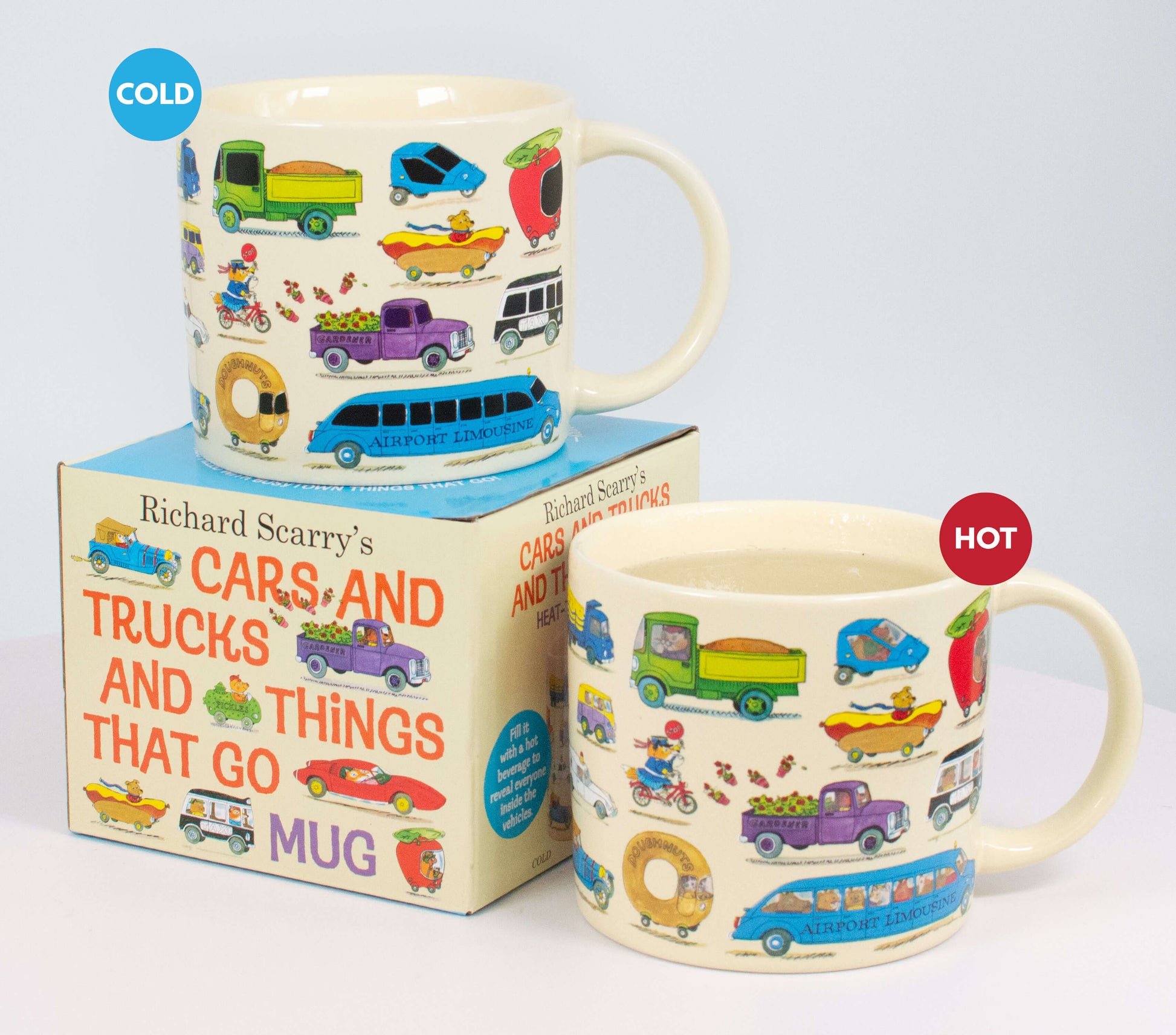 Richard Scarry Cars and Trucks Mug with heat-changing design shown cold and hot, revealing Busytown characters beside its colourful gift box.