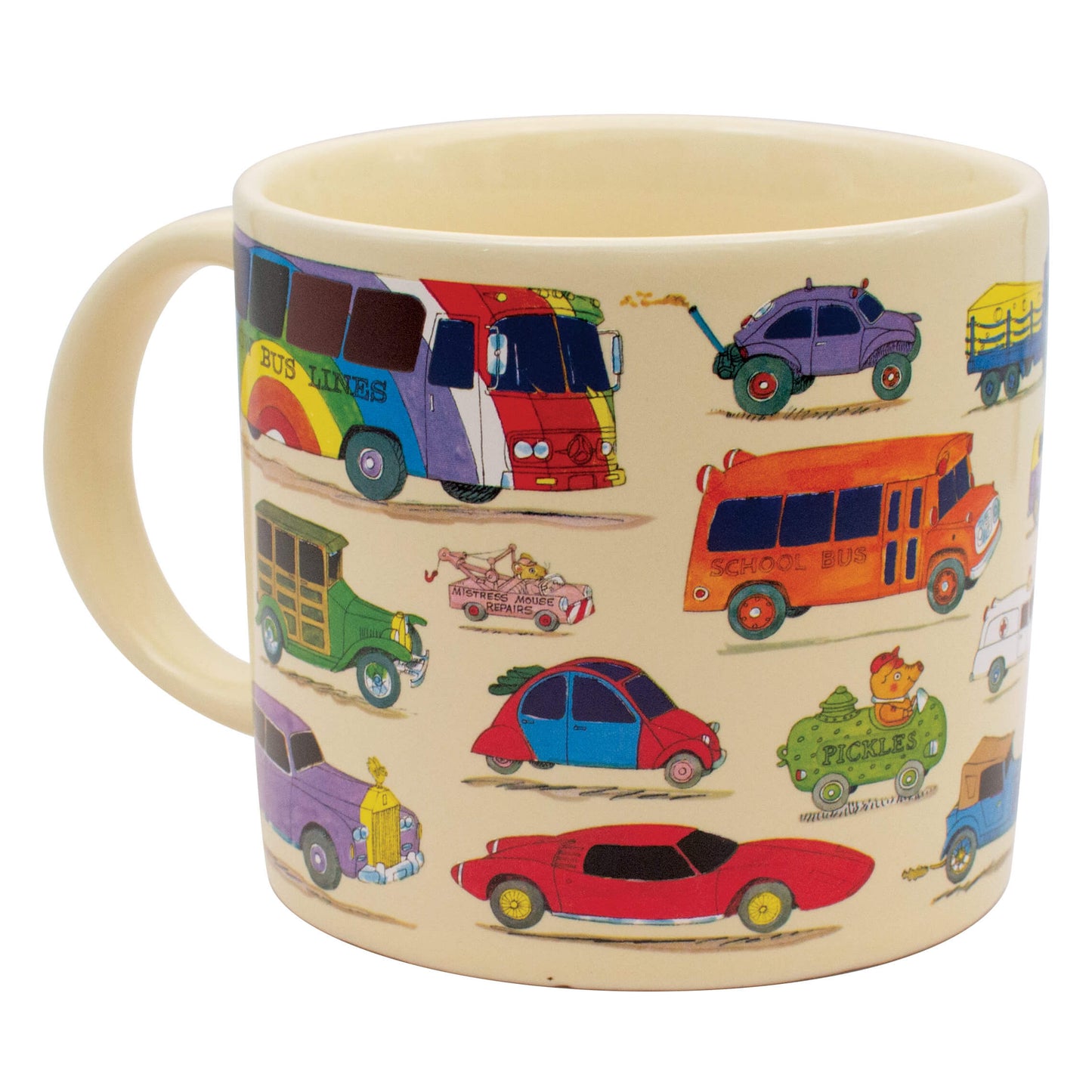 Richard Scarry Cars and Trucks Mug before hot liquid is added, showing colourful Busytown vehicles with dark windows