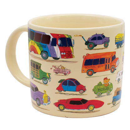 Richard Scarry Cars and Trucks Mug before hot liquid is added, showing colourful Busytown vehicles with dark windows