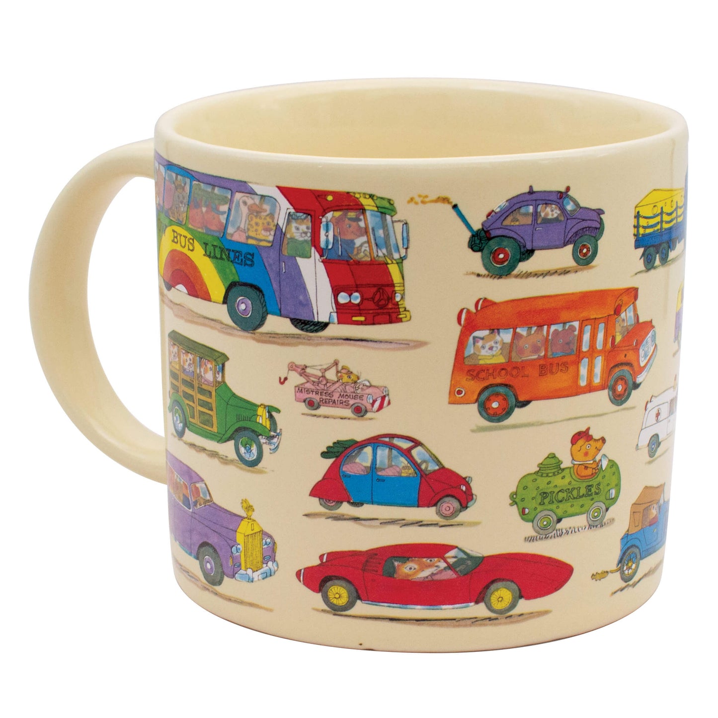 Richard Scarry Cars and Trucks Mug shown hot with Busytown characters revealed inside the vehicle windows