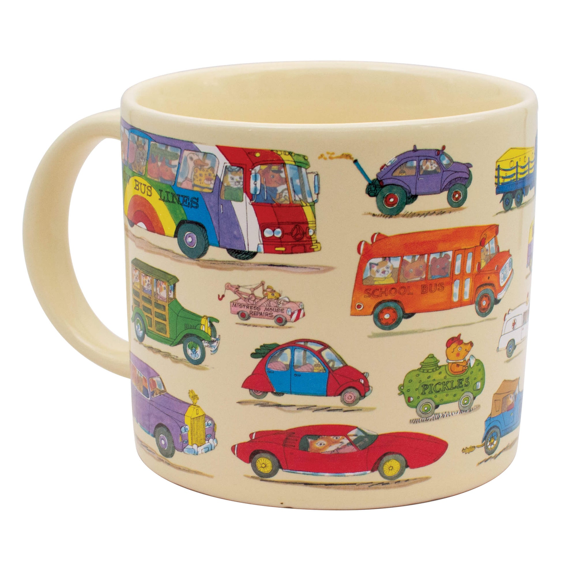 Richard Scarry Cars and Trucks Mug shown hot with Busytown characters revealed inside the vehicle windows