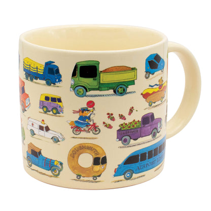 Richard Scarry Cars and Trucks Mug reverse side showing Officer Flossy and Busytown vehicles with dark windows before hot liquid is added