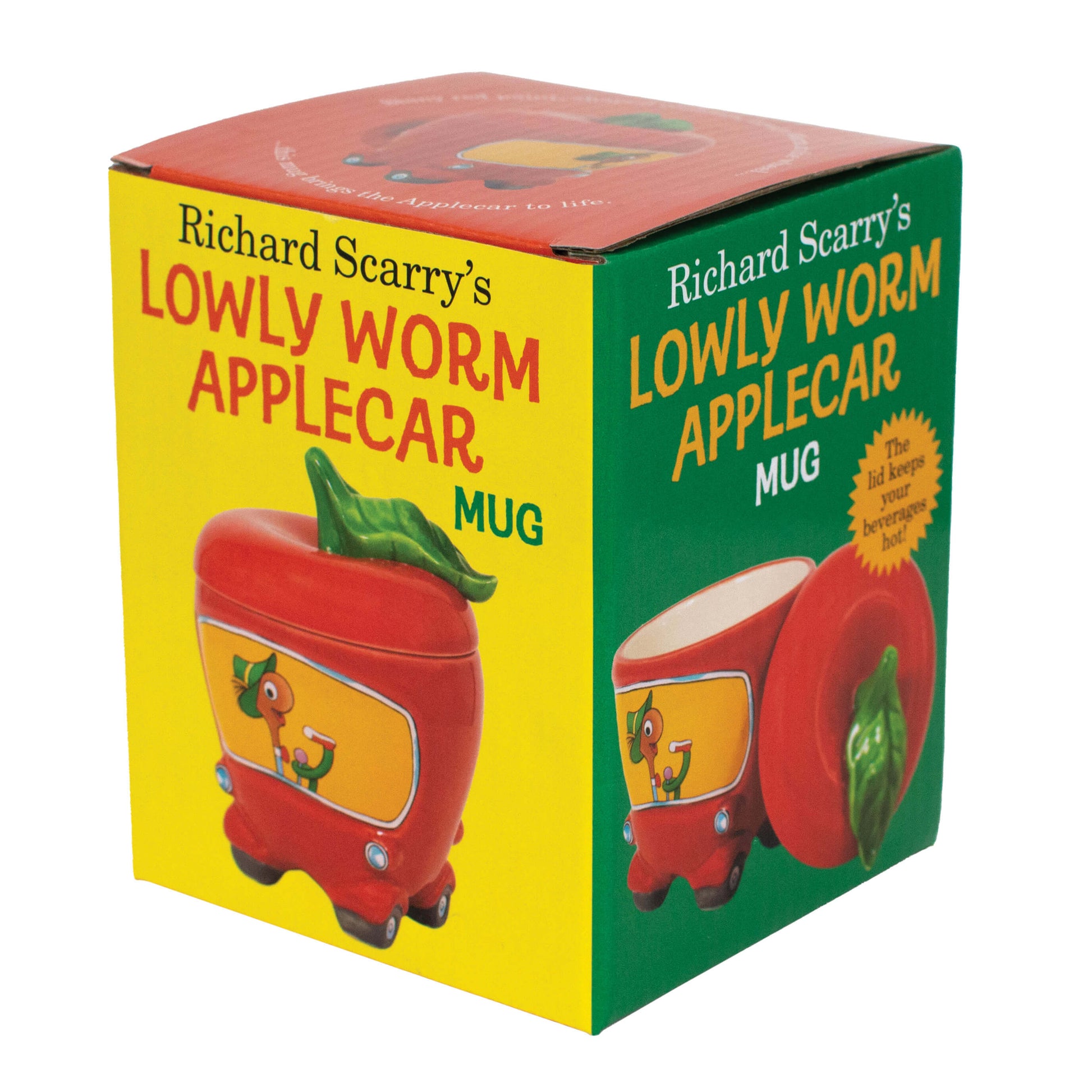 Gift box for the Richard Scarry Lowly Worm Applecar Mug, showing the mug shaped like a red apple with a removable green lid
