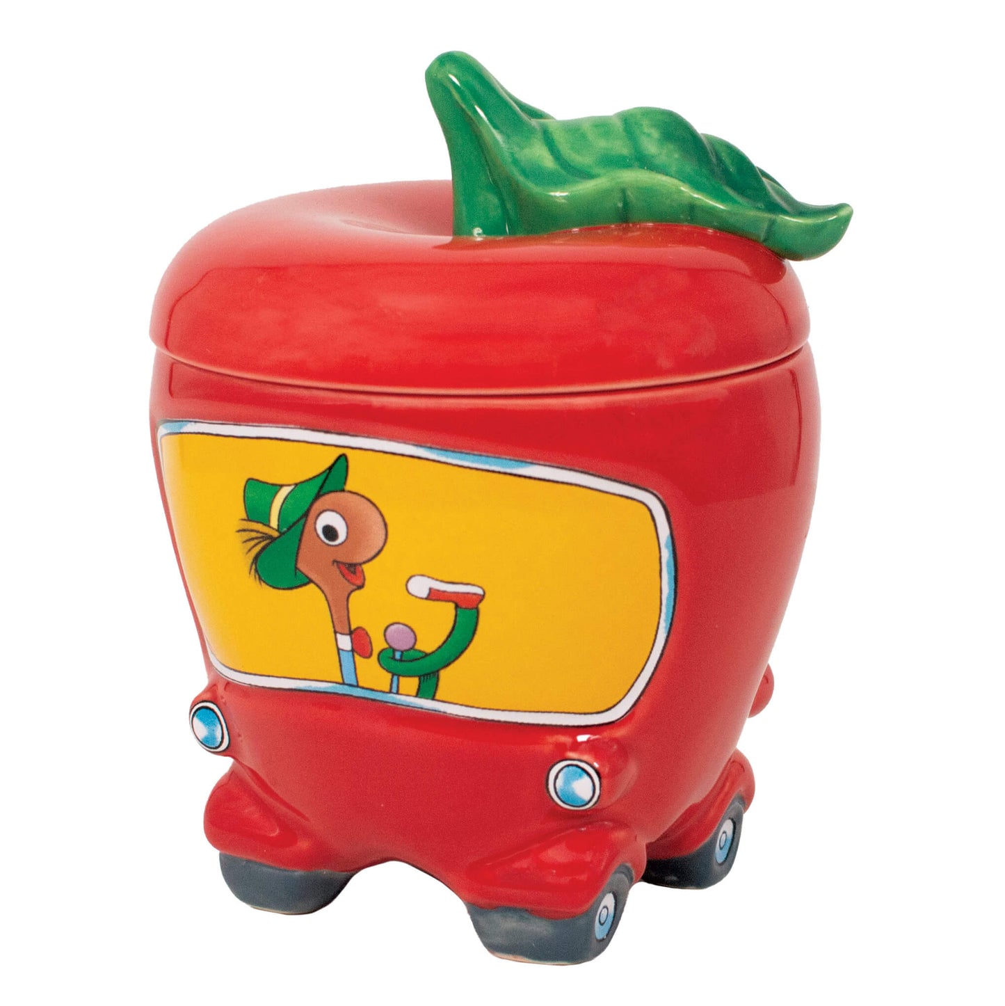 Richard Scarry Lowly Worm Applecar Mug shaped like a red apple with a removable lid topped by a green leaf and Lowly Worm in the driver's window