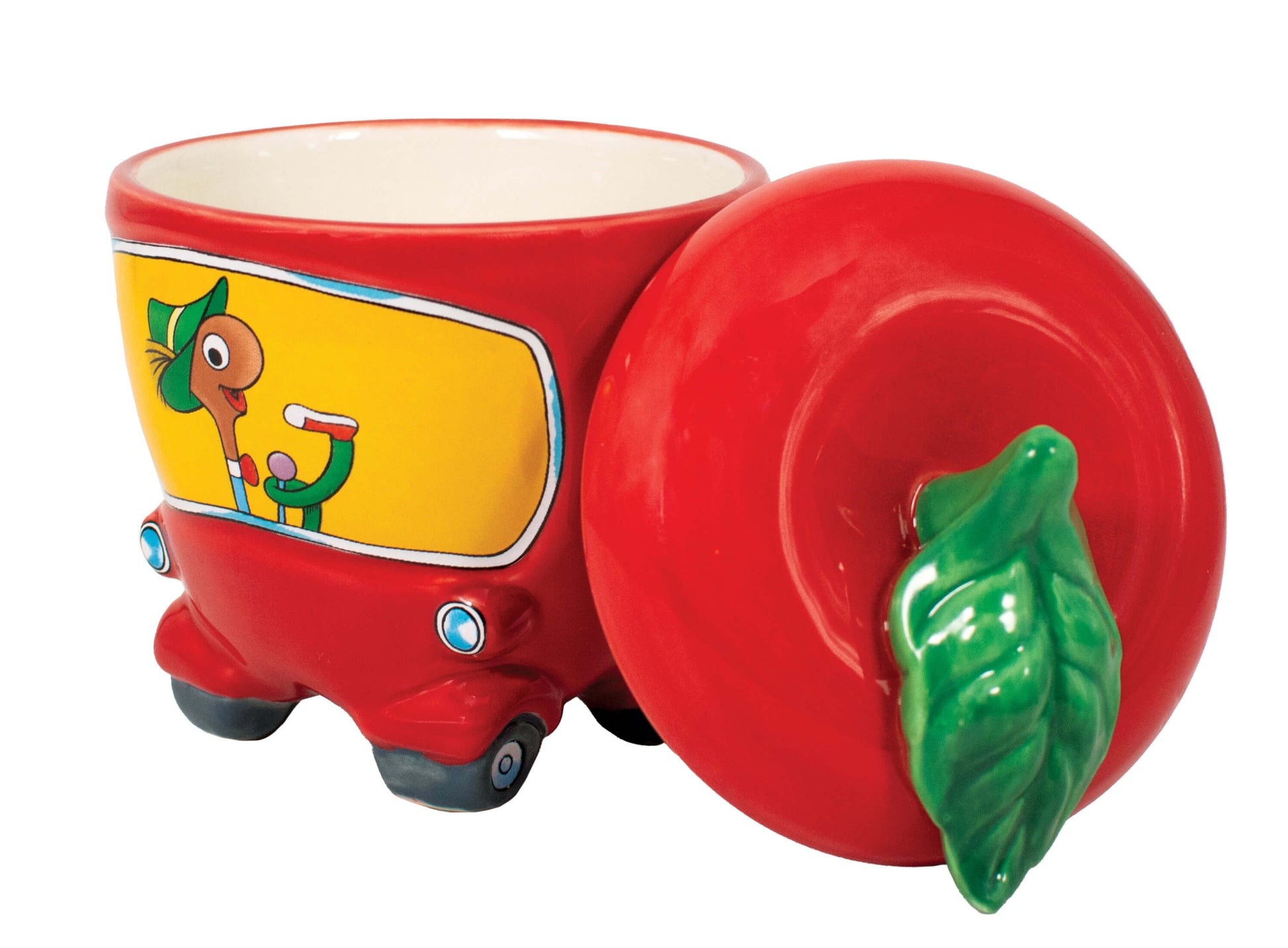 Richard Scarry Lowly Worm Applecar Mug with its red lid and green leaf removed, showing the mug open for a hot drink