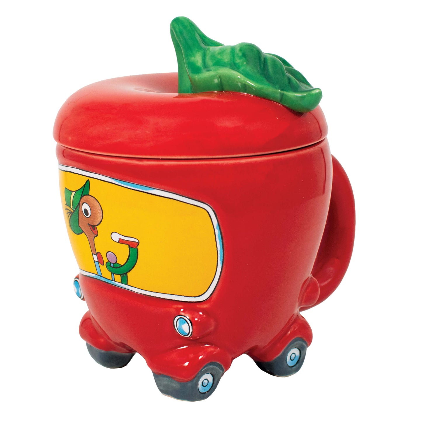 Richard Scarry Lowly Worm Applecar Mug opposite side view showing the handle, removable leaf-topped lid and Lowly Worm at the wheel