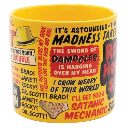 Introducing the Rocky Horror Show Quote Mug by Danna Bananas, a must-have collectible for any fan featuring iconic phrases such as "The Sword of Damocles is hanging over my head" and "I'll get you a satanic mechanic," complete with images of hats and leopard-print shorts.